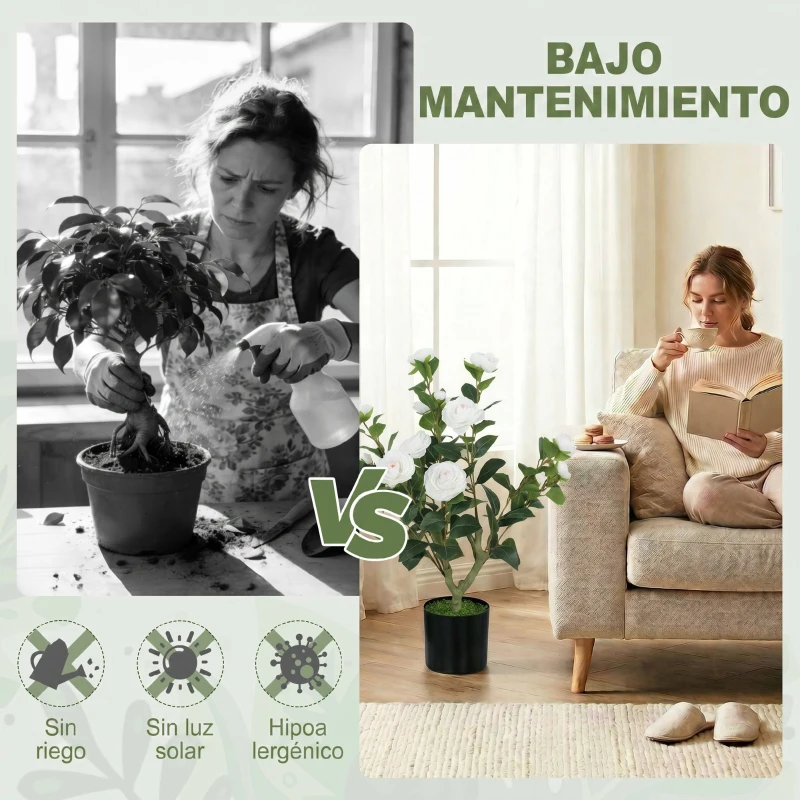 HOMCOM Planta Artificial de Camelia 65cm Árbol Artificial en Maceta con Flores de Seda Realistas 116 Hojas Efecto Musgo Blanco
