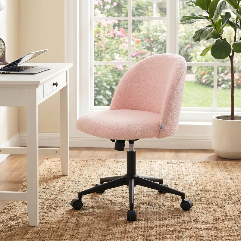 HOMCOM Draaibare bureaustoel van teddy-fleece, in hoogte verstelbaar, met wielen, comfortschuim, roze
