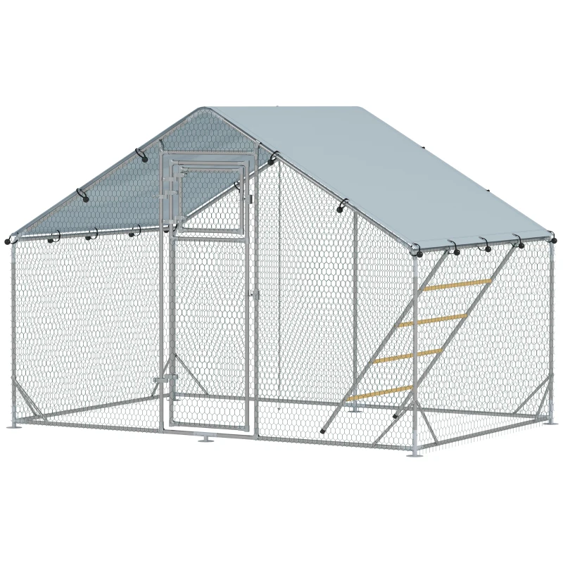 PawHut Enclos poulailler extérieur parc grillagé 6 m² avec perchoir et mangeoire acier galvanisé Ø25mm 300x200x195cm argent
