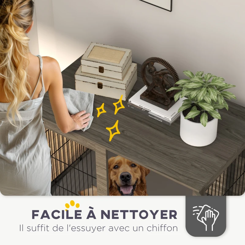 PawHut Gaiola para cão 2 em 1 mesa de apoio com almofada de pelúcia removível porta com fecho 100 x 60 x 73,5 cm cinza