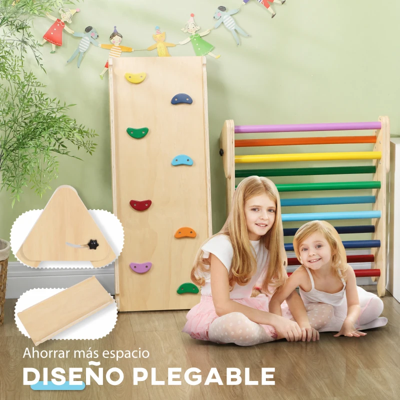 AIYAPLAY Triángulo de Escalada de Madera 3 en 1 con Rampa para Deslizarse o Escalar 147x64,5x63 cm Multicolor