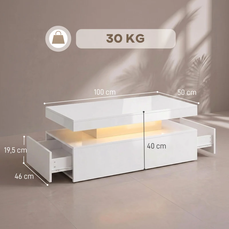 HOMCOM Tavolino LED moderno con 2 cassetti e spazio contenitivo, Bianco lucido