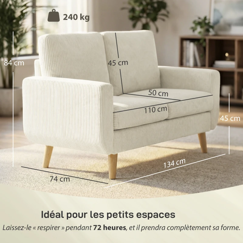 HOMCOM Canapé 2 places en velours côtelé, canapé de salon moderne 134 cm, assise rembourrée, coussin à ressorts, crème