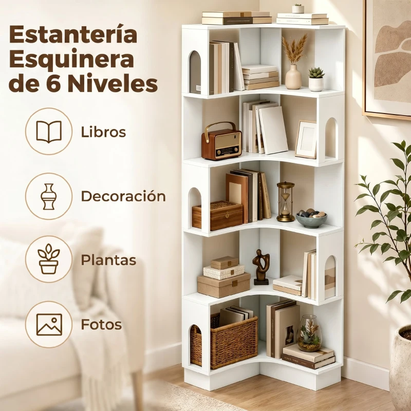 HOMCOM Estantería de esquina, estante de almacenamiento de 6 niveles con paneles laterales arqueados, 60 x 60 x 165,5 cm, blanco