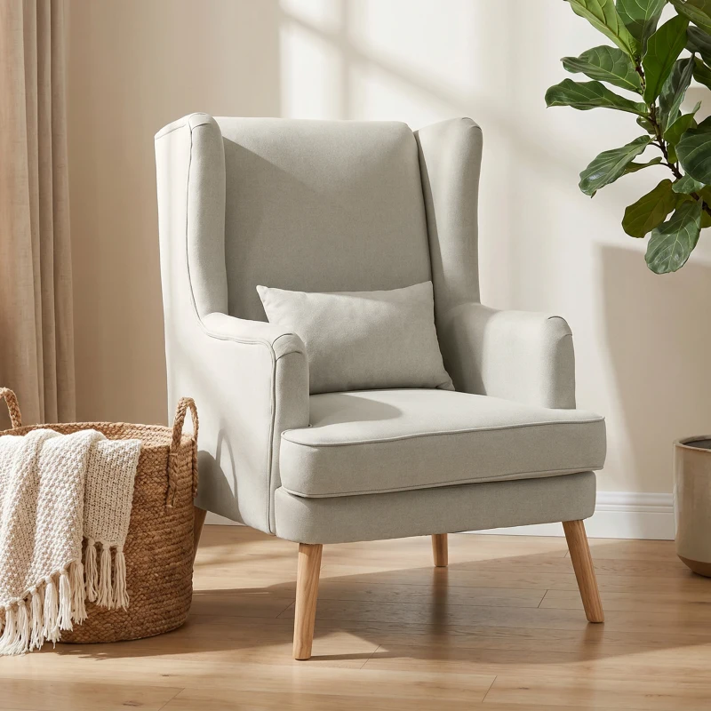 HOMCOM Fauteuil d'appoint, fauteuil aspect lin, dossier haut, assise large, coussin lombaire, Beige