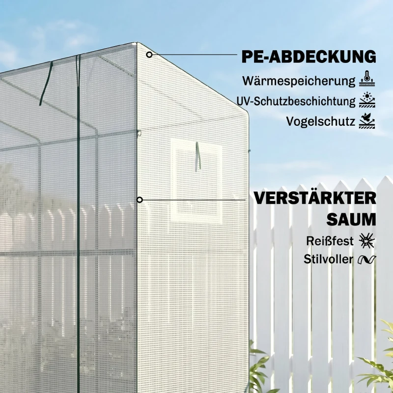 Outsunny Mini-kas, aanleunkas met roldeur en netramen, UV-bestendig, voor bloemen, zaailingen, planten, Wit