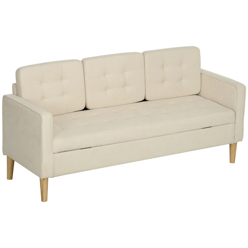 HOMCOM Canapé 3 places en flanelle de neige, canapé moderne avec rangement caché, dossier capitonné, 166,5 x 62 x 82 cm, crème