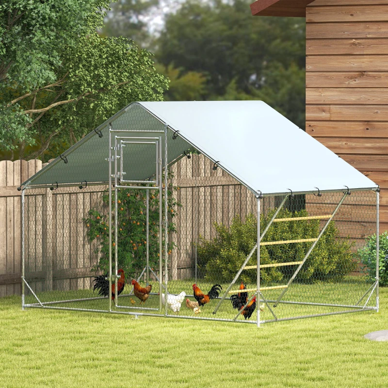 PawHut Enclos poulailler extérieur parc grillagé 6 m² avec perchoir et mangeoire acier galvanisé Ø25mm 300x200x195cm argent
