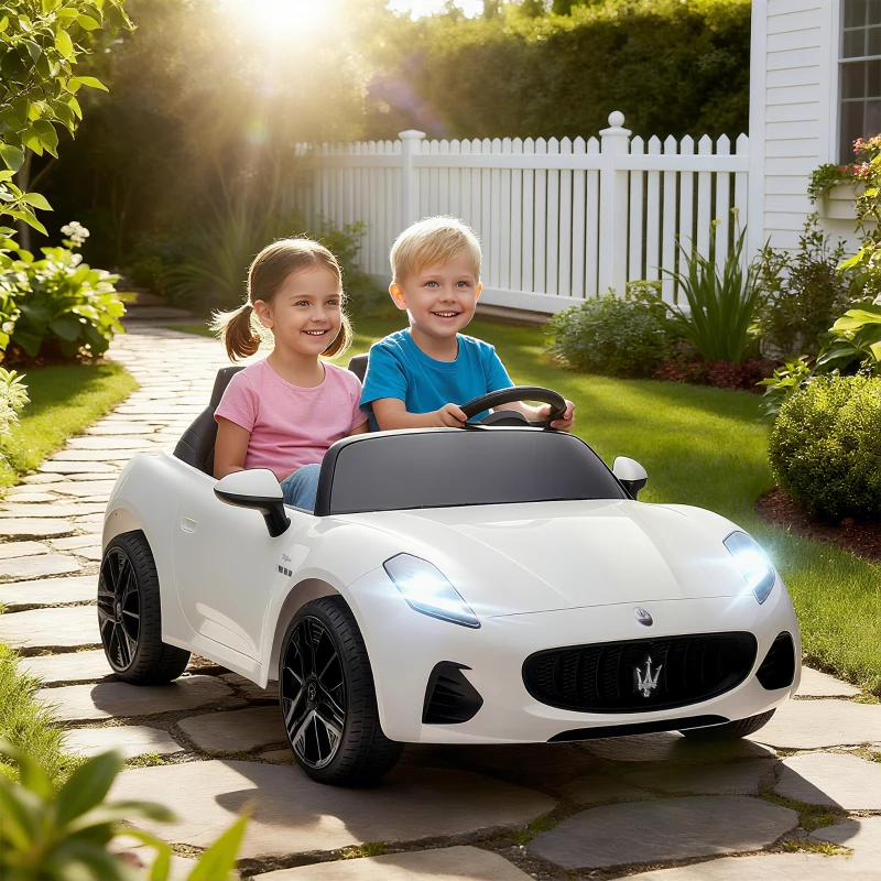 AIYAPLAY Maserati Carro Elétrico para Crianças, 2 lugares, 12V a bateria, controle remoto, luzes LED, função de música, Branco
