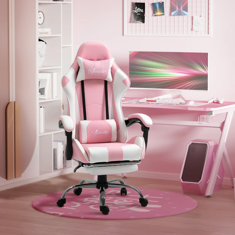 Vinsetto Sedia Gaming Ergonomica Reclinabile con Poggiatesta, Cuscino Lombare, Altezza Regolabile, Rosa e Bianco