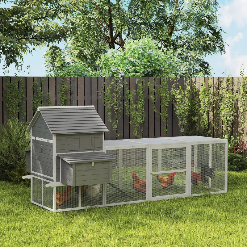 PawHut Gallinero de Madera 310,5x149,5x149cm Jaula para 4-6 Gallinas con 2 Ventanas Puertas Nido Bandeja Extraíble y Rampa Gris