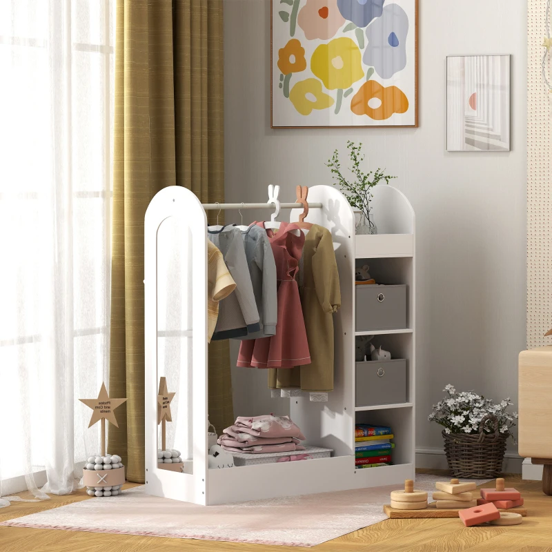 AIYAPLAY Kindergarderobe 3-8 Jahre mit Regalen, 2 Boxen, Kleiderstange und Spiegel, Tragfähigkeit 30 kg, Weiß