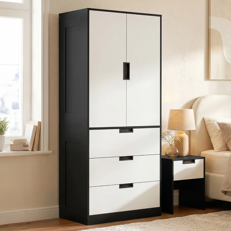 HOMCOM 2 Door Wardrobe, Modern Wardrobe with 3 Drawers and Hanging Rod for Bedroom, Black