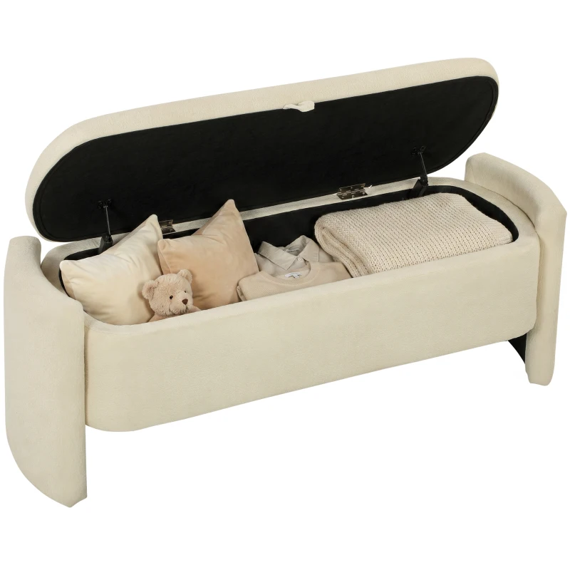 HOMCOM Bancă capăt de pat, 118x42x45cm, banc de depozitare tapițat în material bouclé, picioare din lemn de eucalipt, Crem