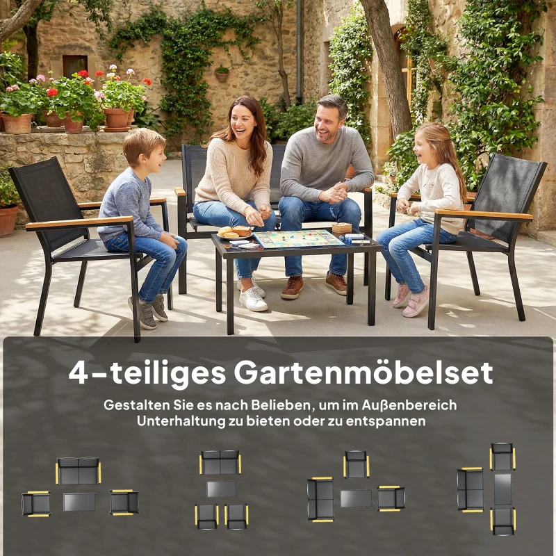 Outsunny Gartenmöbel Set Metall Sitzgruppe für 4 Personen Gartenlounge mit 2er Sofa Stuhl Beistelltisch 110x63,5x84 cm Schwarz
