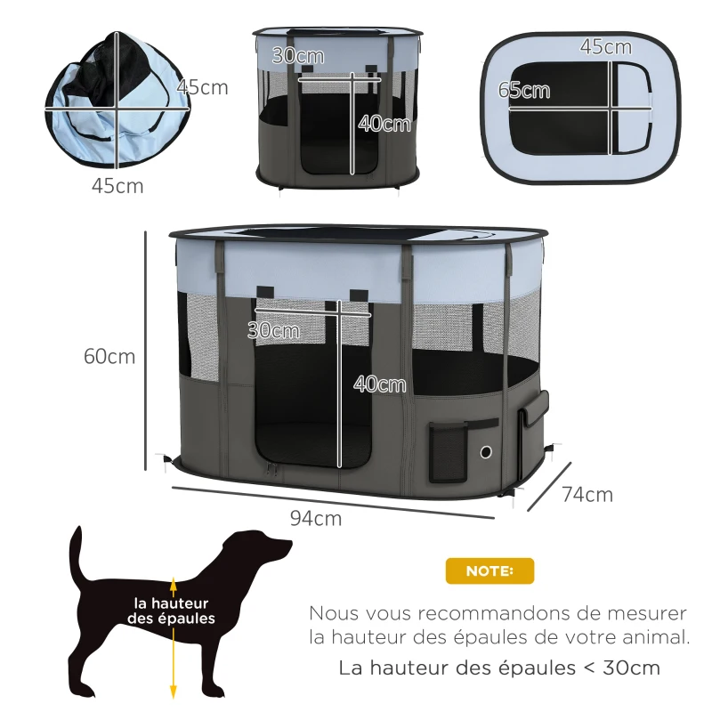 PawHut Parque cercado dobrável para cães, gatos e pequenos animais em tecido Oxford com arrumação 94 x 74 x 60 cm cinza e preto