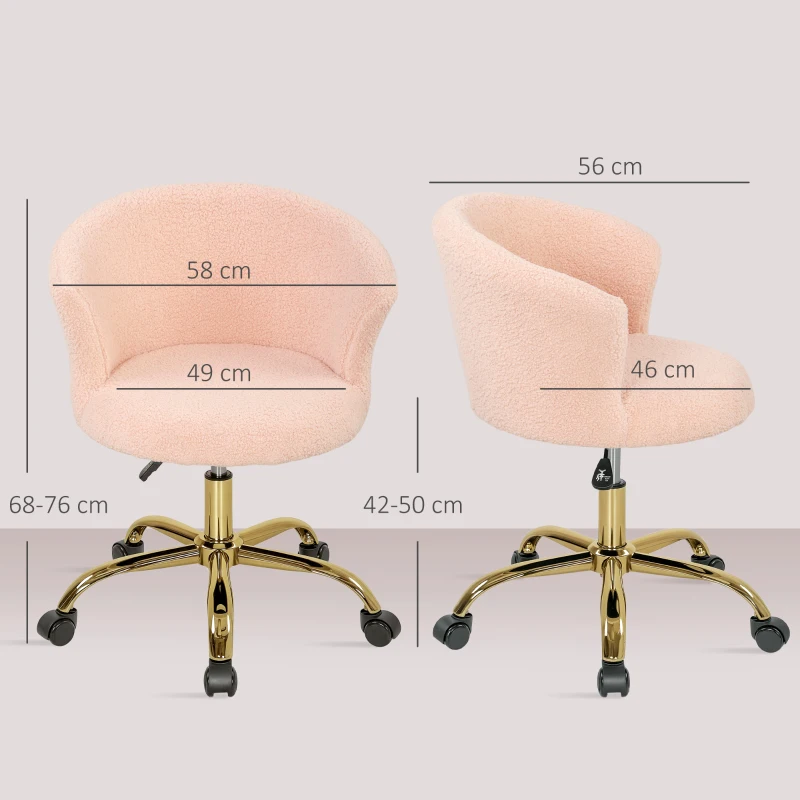 Vinsetto Cadeira de escritório, poltrona ergonómica ajustável em altura, assento giratório, base em aço, rosa
