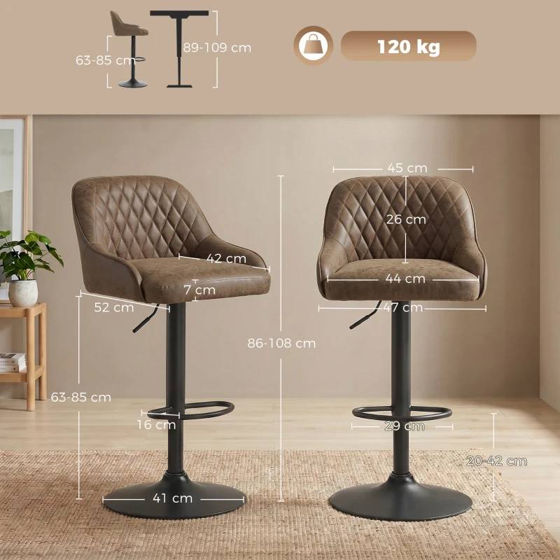 HOMCOM 2er-Set Barhocker, hohe Küchenhocker mit drehbarem Sitz und höhenverstellbar, Dunkelbraun