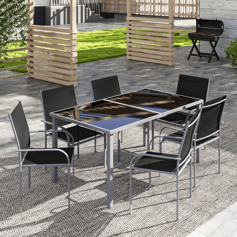 Outsunny 7 Piece Outdoor Garden Dining Set with Table and 6 Stackable Chairs, Steel Frame, Tempered Glass Top, Mesh Seats, Black
