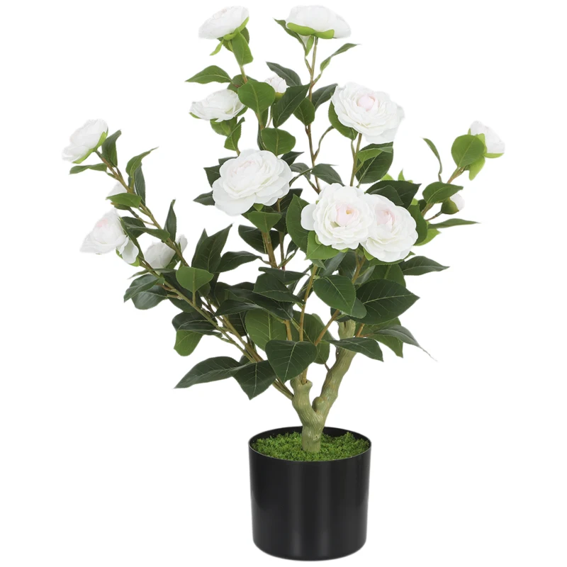 HOMCOM Planta Artificial de Camelia 65cm Árbol Artificial en Maceta con Flores de Seda Realistas 116 Hojas Efecto Musgo Blanco