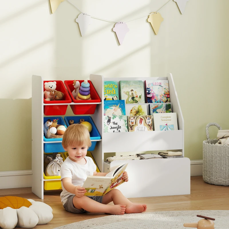 AIYAPLAY Móvel de arrumação infantil organização de brinquedos 6 cestos removíveis e grande caixa com rodízios 100x30x80cm multicolorido