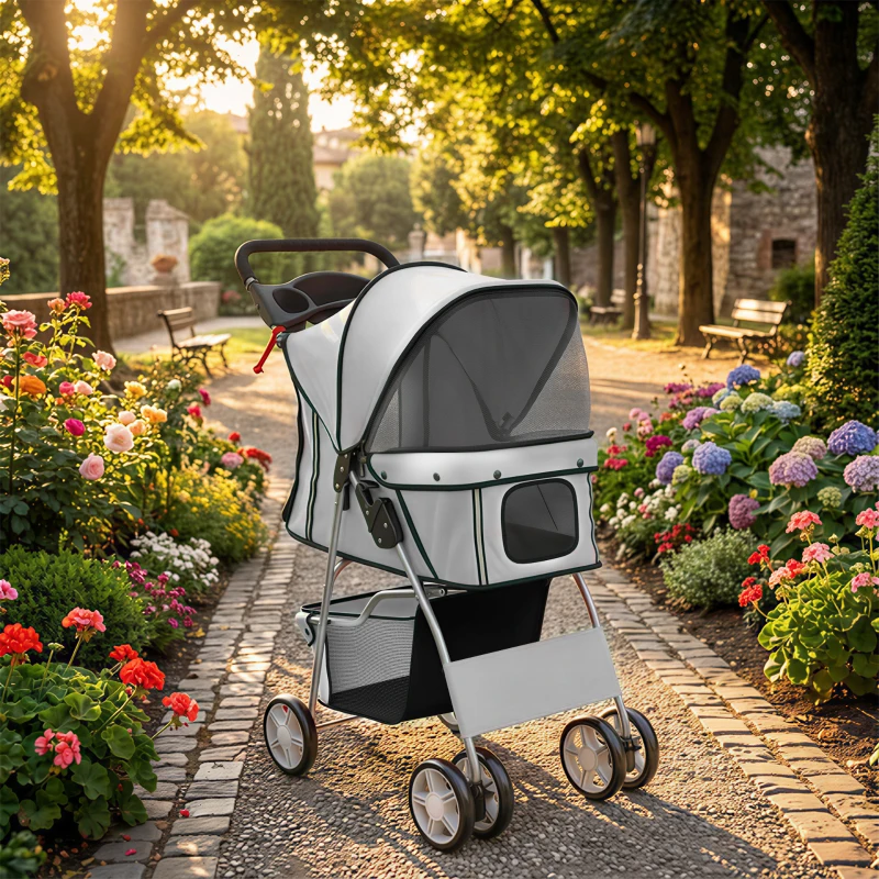 PawHut Poussette buggy pliable animaux chariot pliante chien chat porte-gobelet panier de rangement 75 x 45 x 97 cm gris