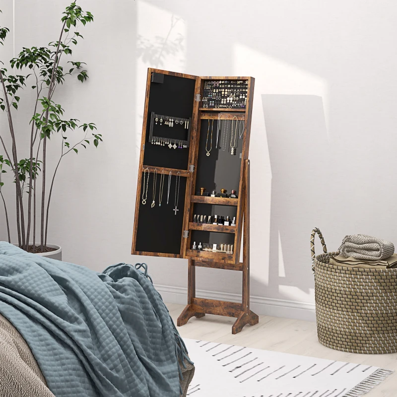 HOMCOM Schmuckschrank mit verstellbarem Spiegel und LED-Beleuchtung 36x30x136 cm Rustikales Braun