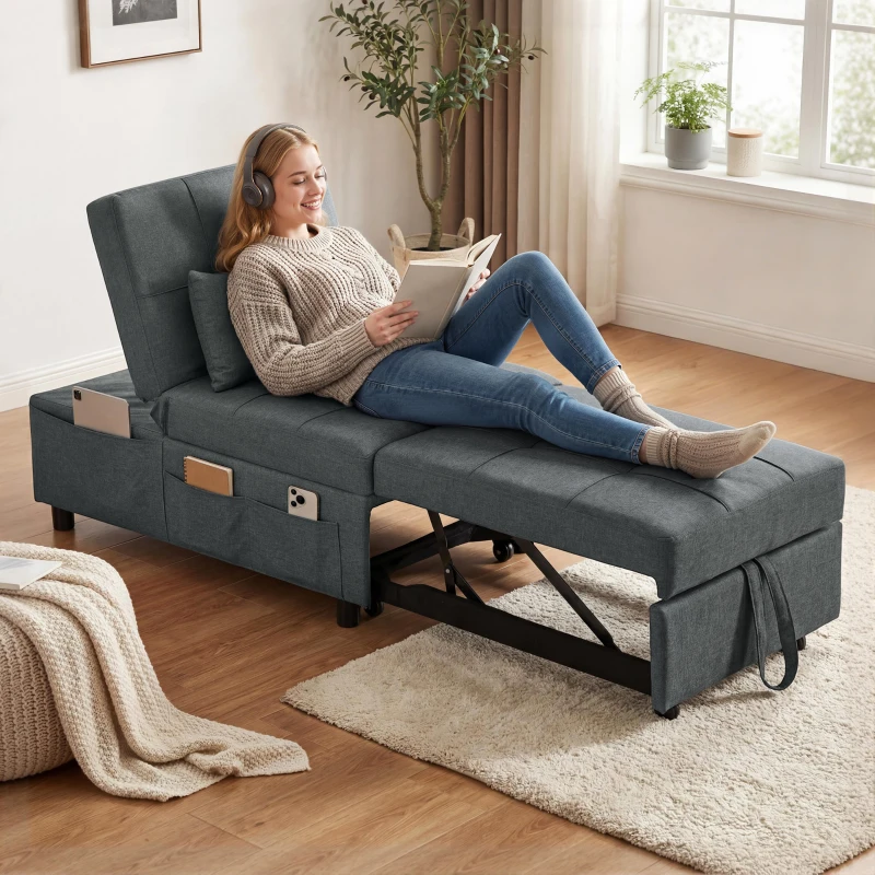 HOMCOM Fauteuil convertible 1 place fauteuil lit avec dossier réglable, siège rembourré et oreiller, gris