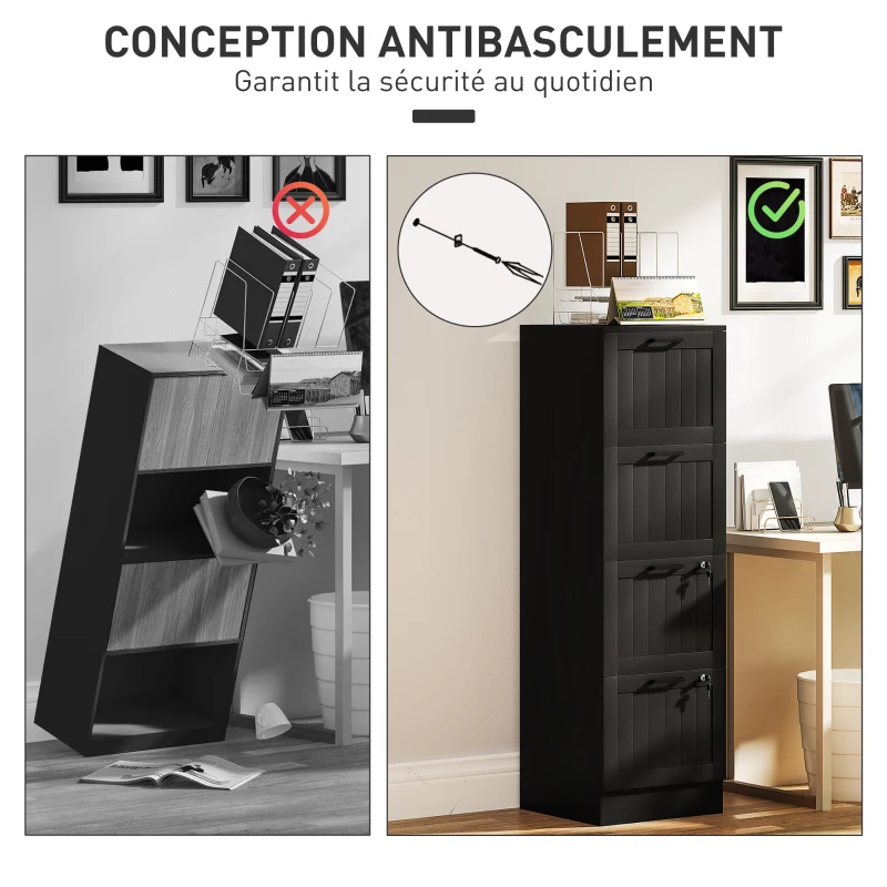 HOMCOM Caisson bureau, meuble rangement bois 4 tiroirs et serrure, barres de suspension réglables, 40 x 40 x 131 cm, noir(m-7)
