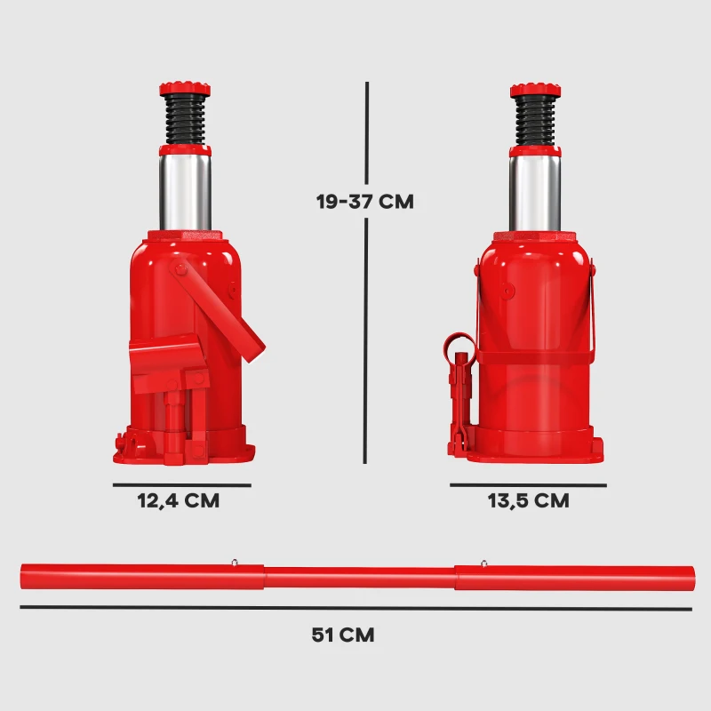 HOMCOM Macaco tipo garrafa hidráulico 12 T, macaco hidráulico tipo garrafa faixa de elevação 19-37 cm alça longa e assento, vermelho
