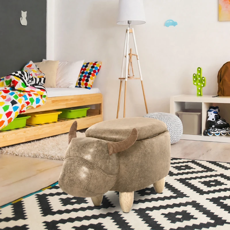 HOMCOM Tabouret Vache - Pouf Vachette - Pouf Taureau Coffre de Rangement 2 en 1 - Pieds Bois d'hévéa revêtement synthétique Aspect Daim Vieilli Marron