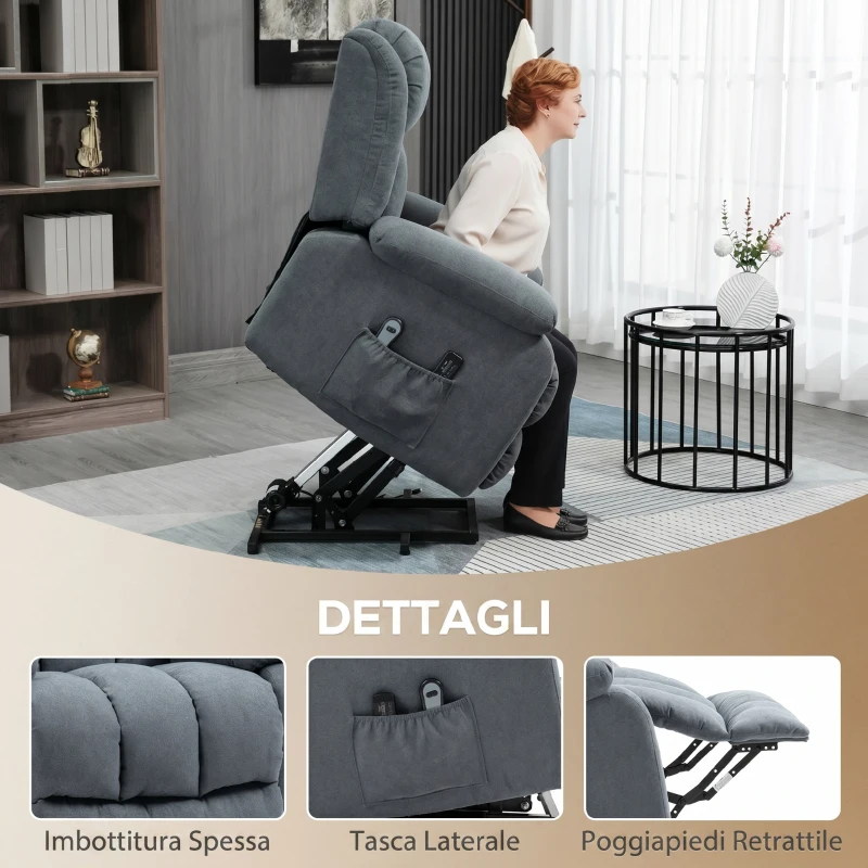 HOMCOM Sillón Eléctrico Elevador Reclinable 135° en Tejido Efecto Lino con Reposapiés Gris