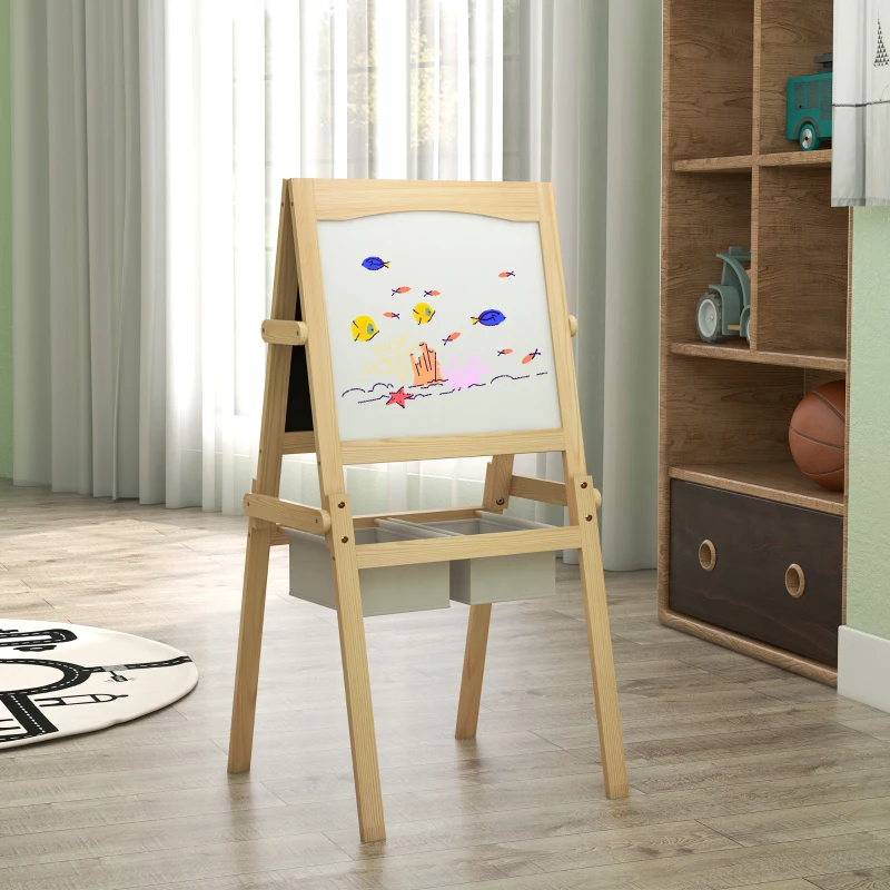 AIYAPLAY Tableau chevalet enfant ardoise double face tableau blanc tableau à craie rouleau papier 58 x 50,5 x 109 cm naturel