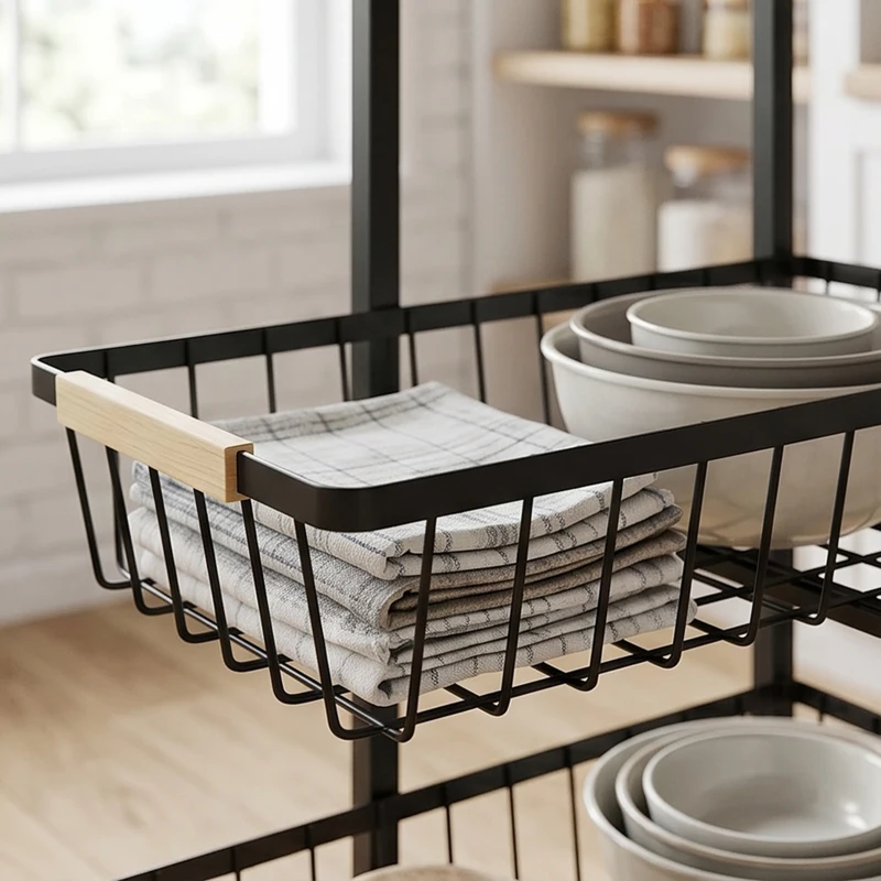 HOMCOM Metal Kitchen Trolley, 4-Tier Storage Trolley with Pull-Out Baskets and 4 Swivel Casters for Kitchen, Rustic Brown