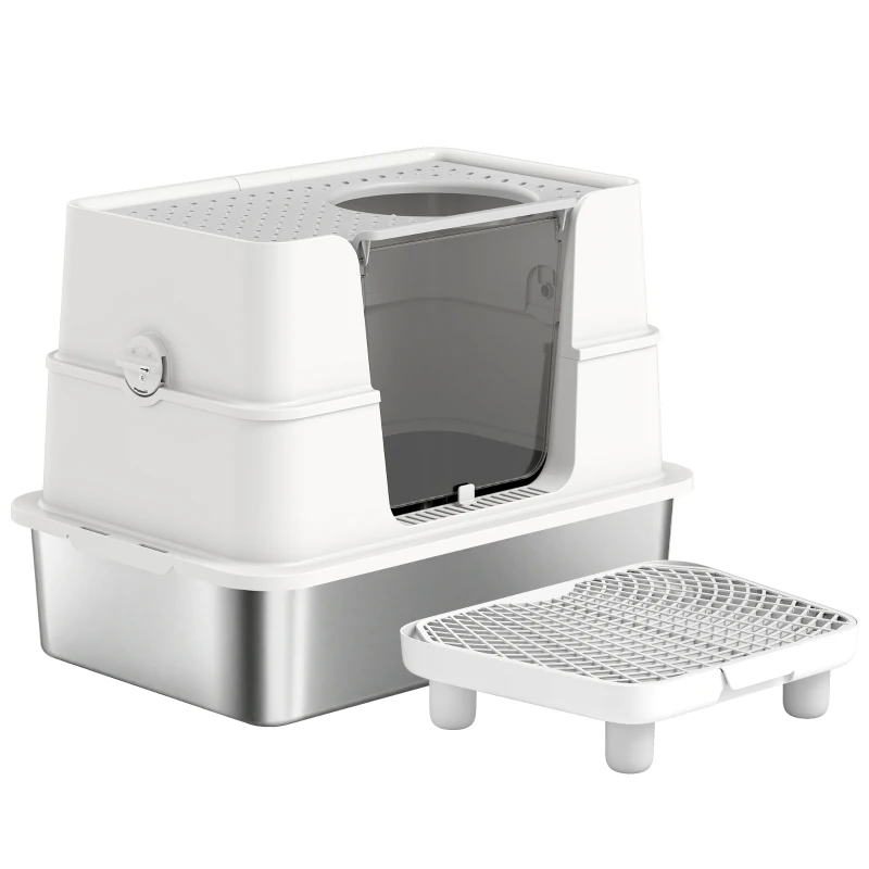 PawHut Caixa de Areia XL em Aço Inoxidável para Gato Grande, Tampa Articulada 100°, Pá, 60,2x40,2x44,5cm, Cinza Claro