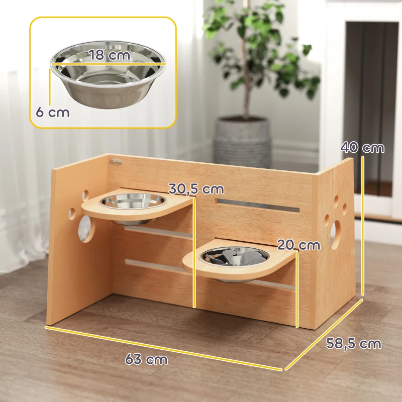 PawHut Comedouro elevado para cães de 3 alturas ajustáveis comedouro para cão 2 tigelas aço inoxidável 63 x 58,5 x 40 cm carvalho