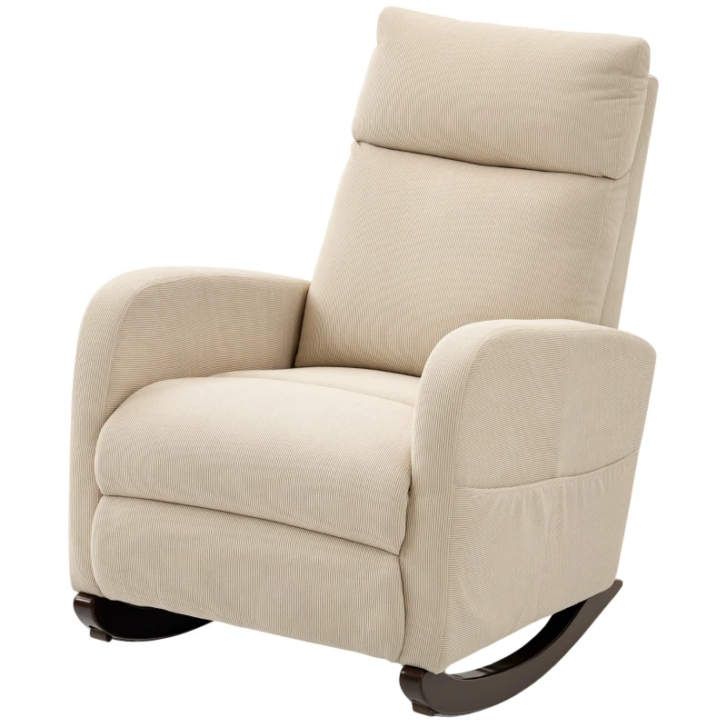 HOMCOM Schaukelstuhl, gepolsterter Schaukelsessel mit Cordstoff, Seitentaschen für Wohnzimmer, Schlafzimmer, Beige