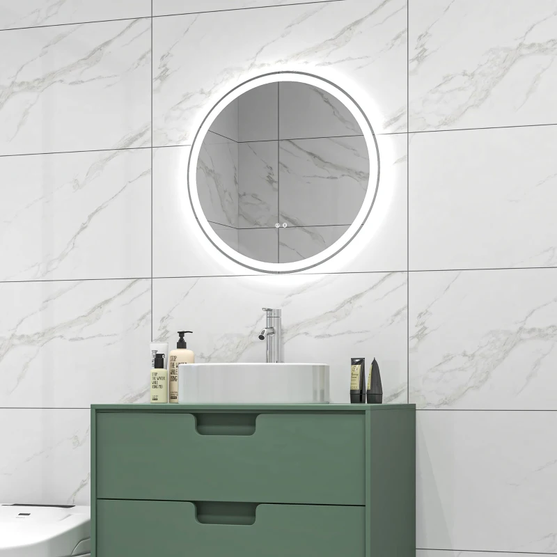kleankin Miroir rond lumineux LED de salle de bain Ø 60 cm mural avec éclairage 3 couleurs interrupteur tactile 29W blanc argent