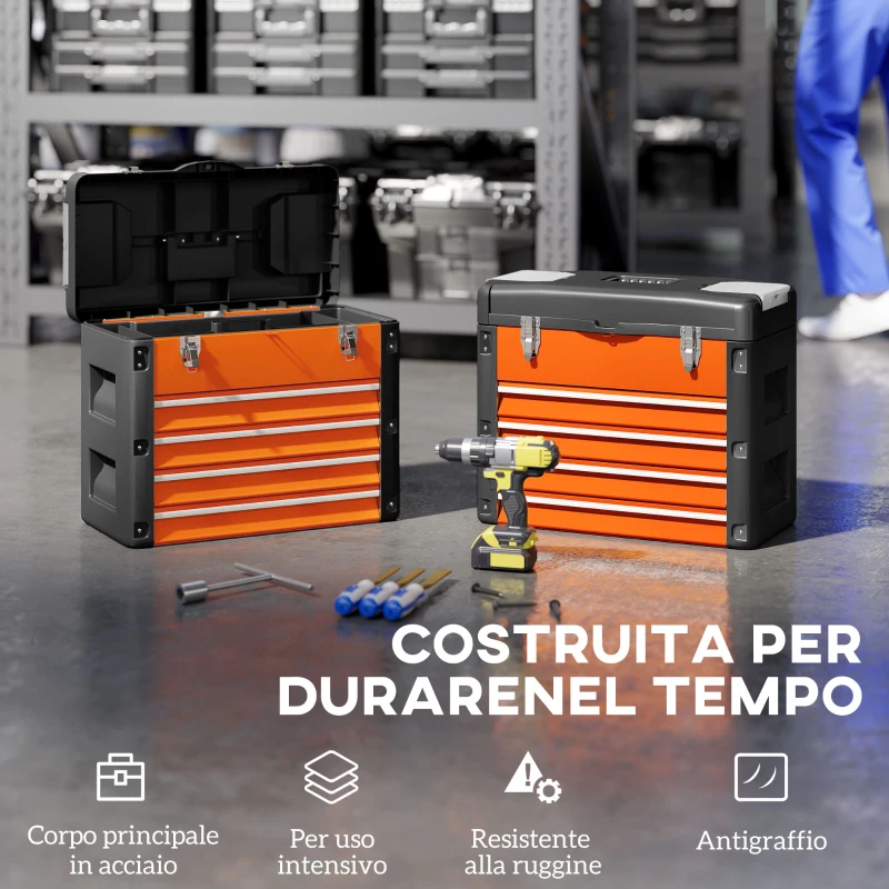 HOMCOM Cassetta Porta Attrezzi con 4 Cassetti e Scomparto Superiore in Acciaio e Plastica, Arancione e Nero