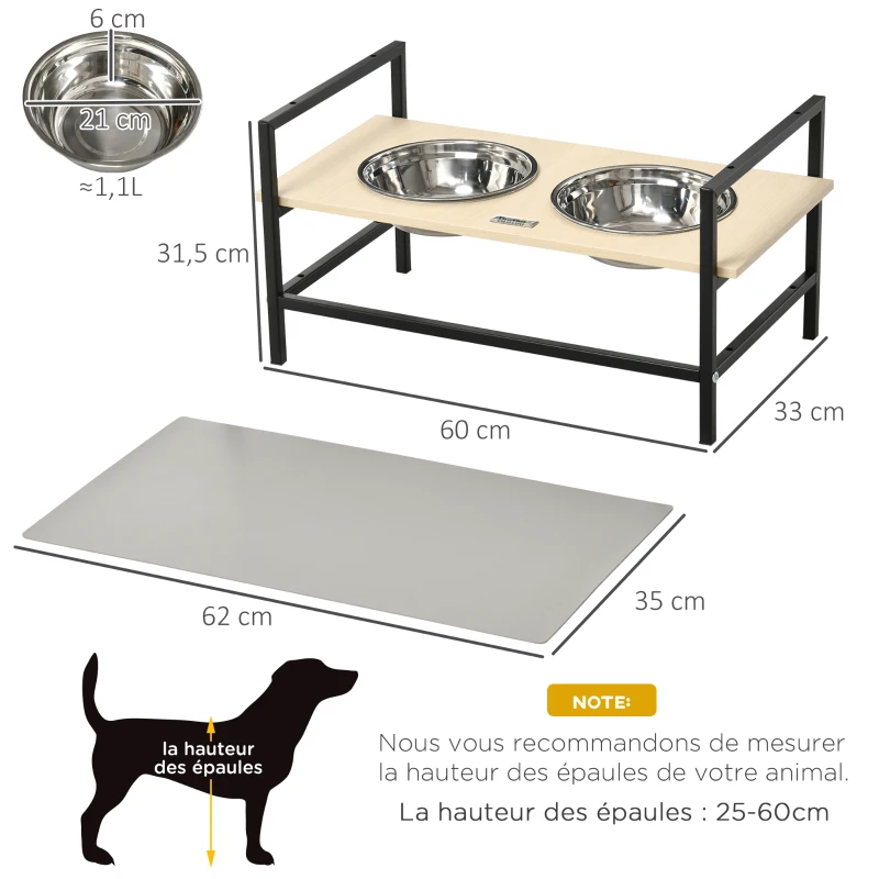 PawHut Comedouro elevado duplo para cães com 2 tigelas removíveis em aço, altura ajustável 11/21,5/32 cm e 1 tapete