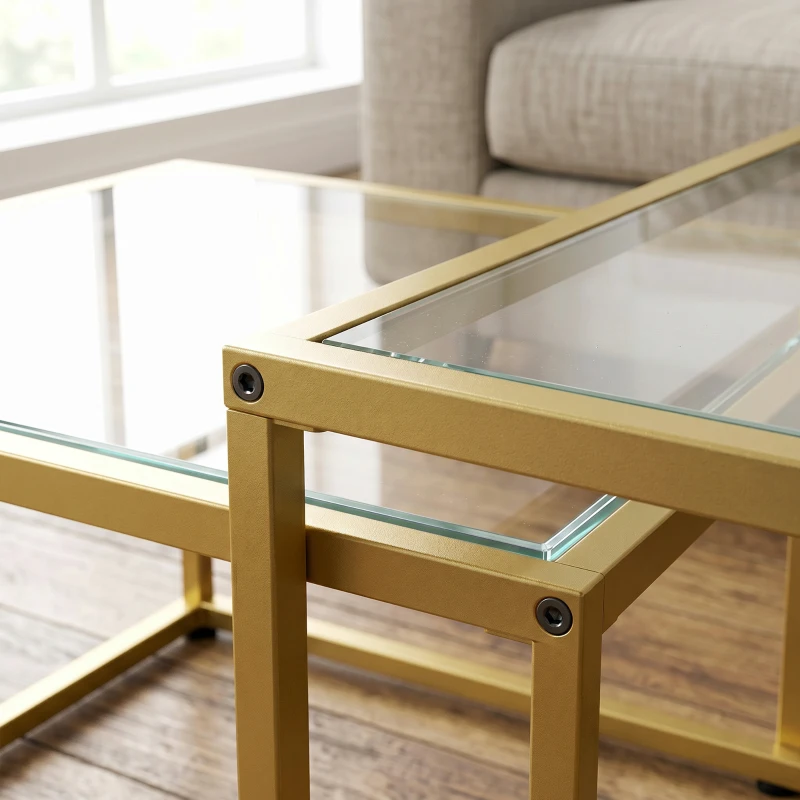 HOMCOM 2 Mesas de Centro Cuadradas Mesas Nido Modernas con Tablero de Vidrio Templado y Estructura Metálica 75x75x42 cm Dorado