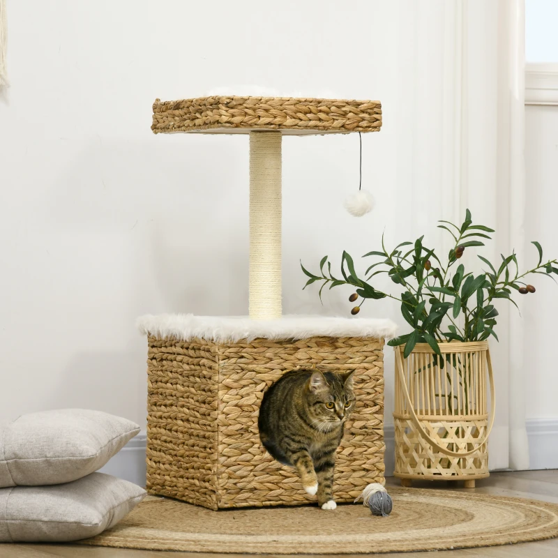 PawHut Árvore para gatos 2 níveis com 1 toca 1 poste em sisal 1 plataforma de observação e 1 pompom suspenso jacinto-de-água