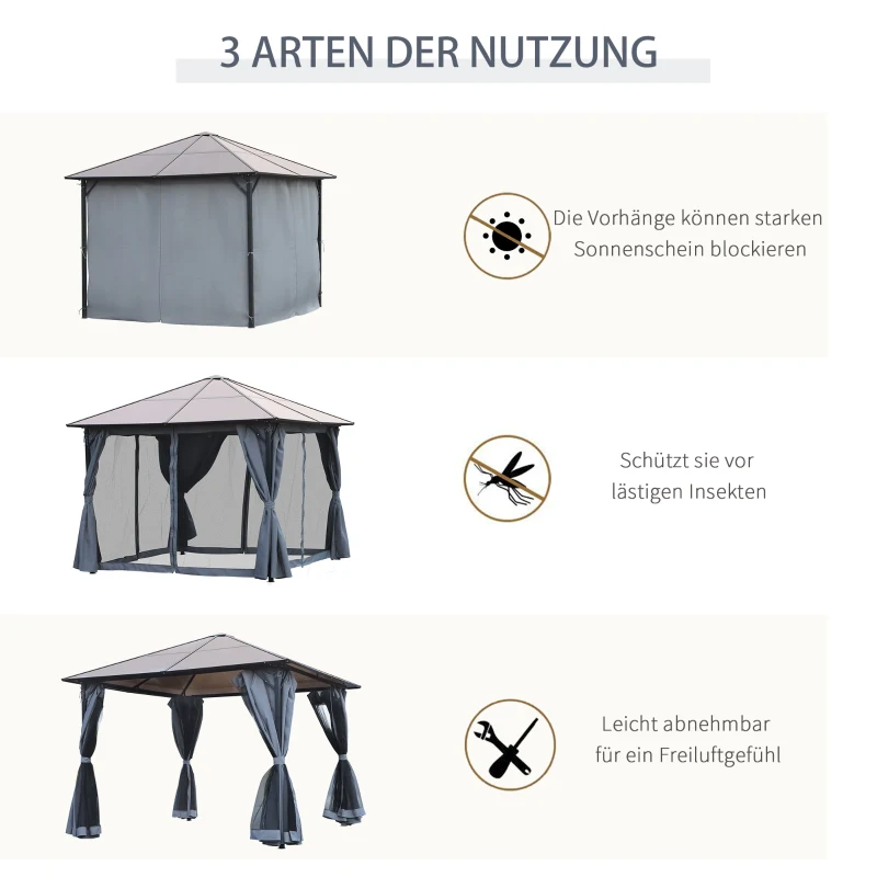 Outsunny Paviljoen tuinpaviljoen partytent incl. zijdelen PC dak aluminium 3 x 3 m(m-6)