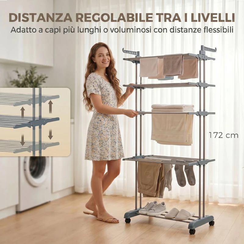 HOMCOM Stendibiancheria pieghevole 5 livelli con ruote, Grigio