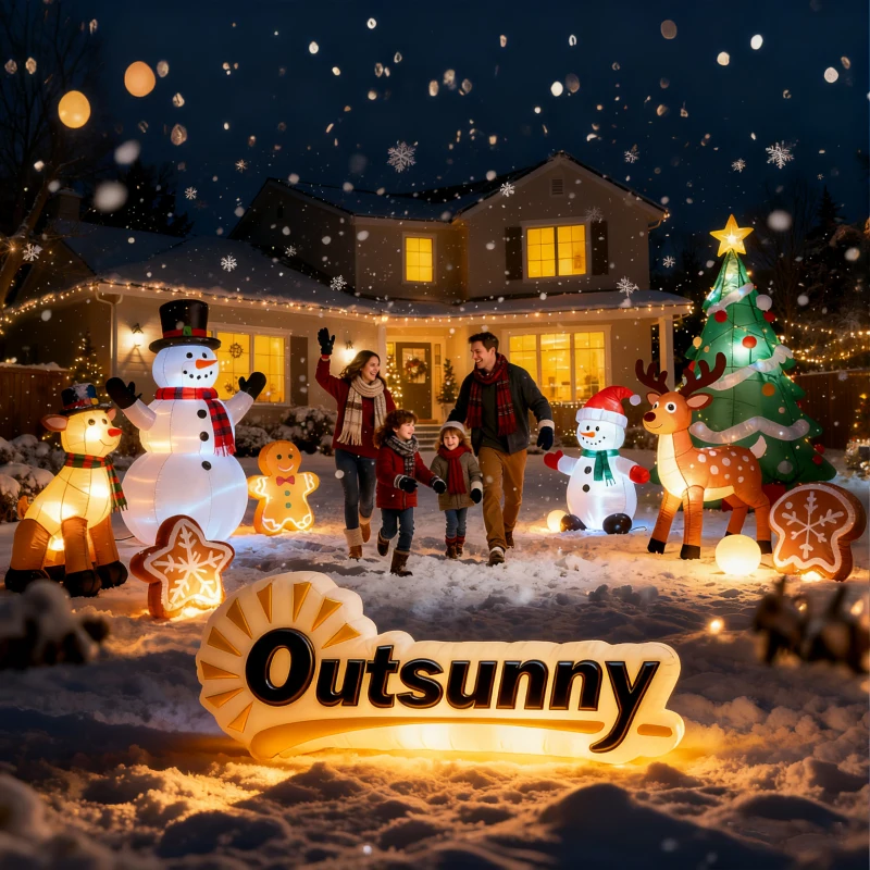 Outsunny Père Noël gonflable avec traîneau et rennes 240 cm 6 lumières LED décoration de Noël intérieure et extérieure rouge