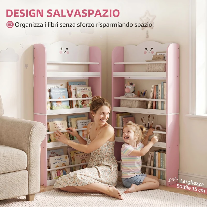 AIYAPLAY Libreria Montessoriana per Bambini 3-6 Anni con Tema Zucchero Filato, 4 Ripiani in Legno, per Cameretta, Rosa