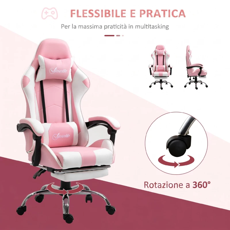 Vinsetto Sedia Gaming Ergonomica Reclinabile con Poggiatesta, Cuscino Lombare, Altezza Regolabile, Rosa e Bianco