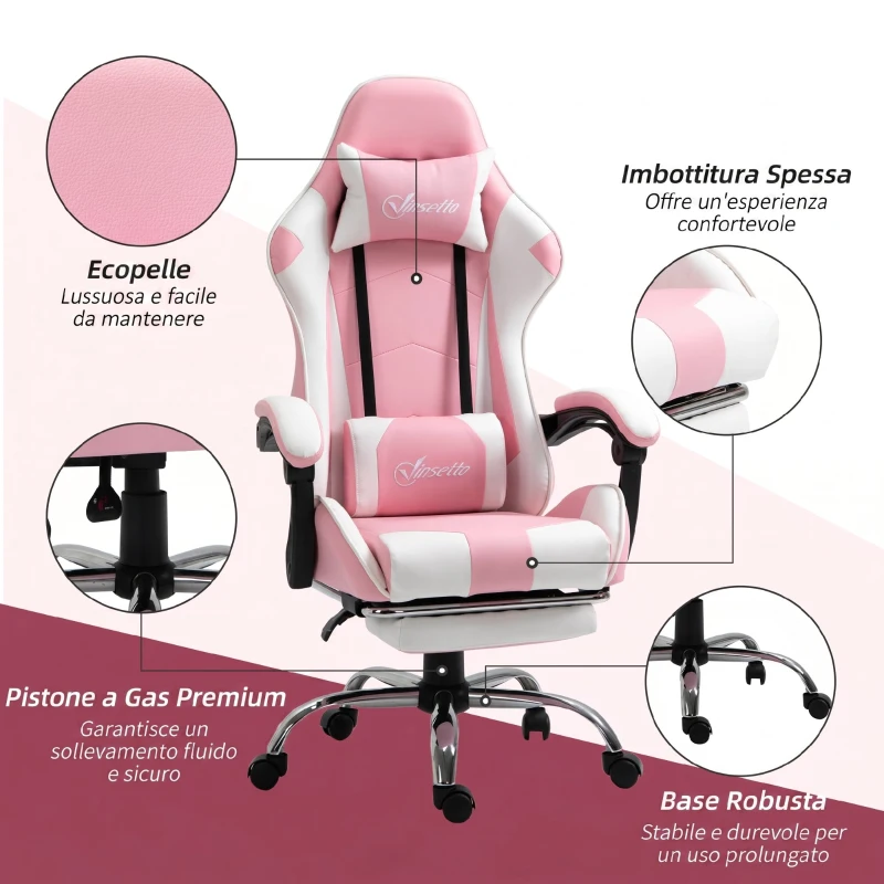 Vinsetto Sedia Gaming Ergonomica Reclinabile con Poggiatesta, Cuscino Lombare, Altezza Regolabile, Rosa e Bianco