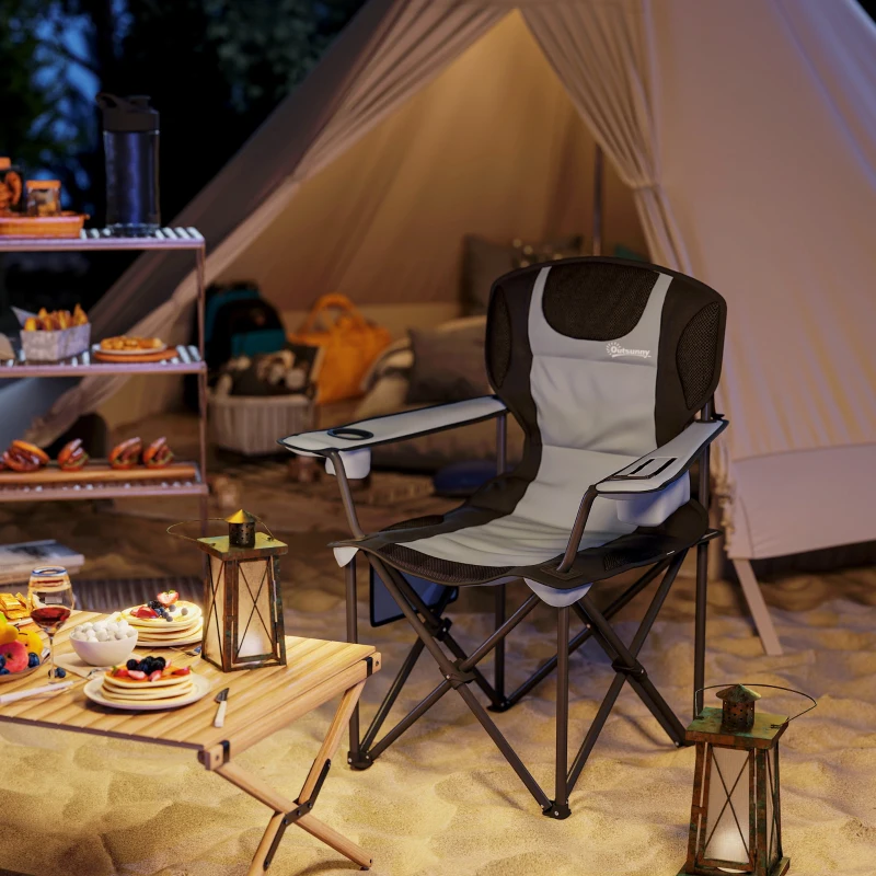 Outsunny Chaise de camping pliante avec accoudoirs réglables, porte-gobelets, poches latérales et sac de refroidissement, noir