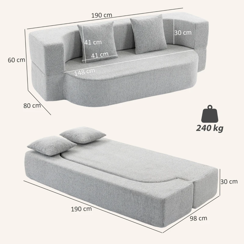 HOMCOM 2 em 1 Sofá Cama 2 Lugares com 2 Almofadas Removíveis, Braços, Assento Estofado, em Chenille, Cinza Claro